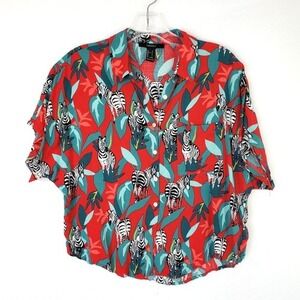 Forever 21 Blouse Womens Small Red Zebra Cropped Button Up Tropical Short Sleeve